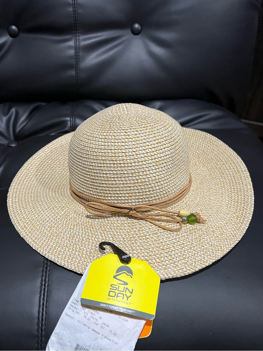 Sunday Wide-Brim Straw Sun Hat with Bead Accent